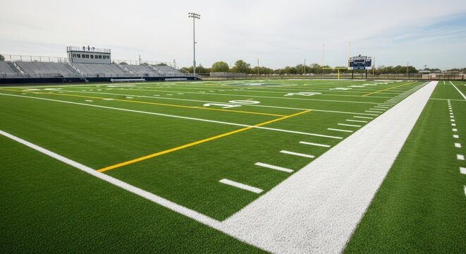 American Football Field with Yard Lines and Stadium Seating Under a Clear Sky