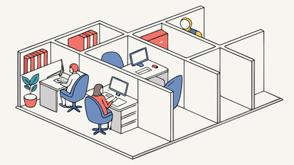 Isometric office space illustration of business workplace with employees and cubicles for corporate design