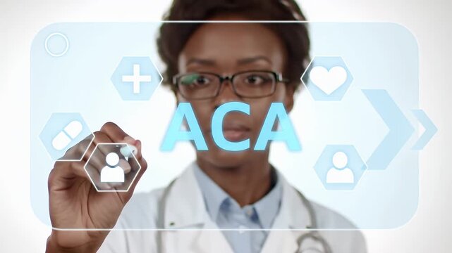 African American Doctor in White Coat Writing ACA on Digital Interface with Icons and Stethoscope in a Bright Modern Medical Setting
