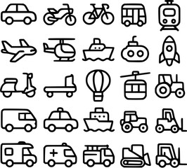Collection of Transportation Icons: Cars, Planes, Trains, and More