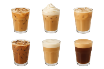 Six various coffee drinks, cold and hot, in clear glasses with transparent background. Beverage collection.