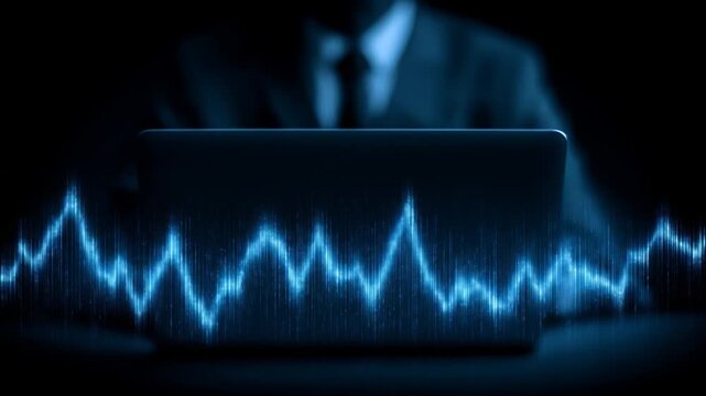 Blue Data Stream Over Laptop Before Man In Dark Business Suit For Online Future Technology And Data Security And Information Innovation Adobe Stock Photo