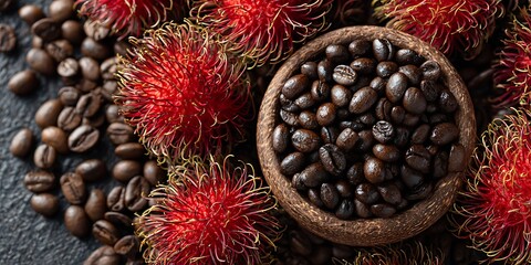 Coffee beans in bowl with rambutan on dark surface, roasted, aromatic, tropical