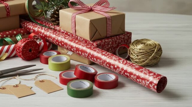 Holiday gift wrapping supplies on white table