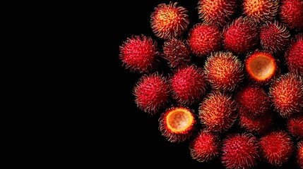 Pile of red, spiky, tropical fruits on dark background; two cut open, revealing white fleshy inside