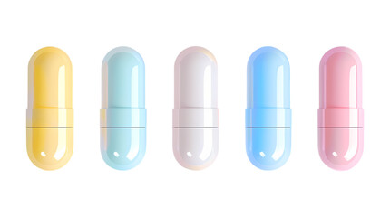 Obraz premium Assorted colorful medical painkiller pills in a row on transparent background. Concept for pharmaceutical design and health care.