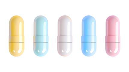 Assorted colorful medical painkiller pills in a row on transparent background. Concept for pharmaceutical design and health care.