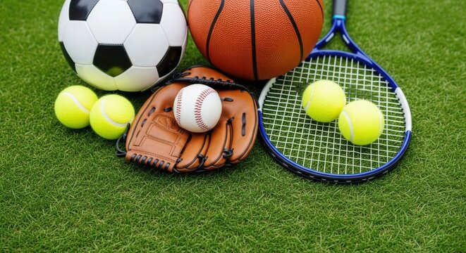 Collection of Various Sports Equipment Arranged on Green Grass