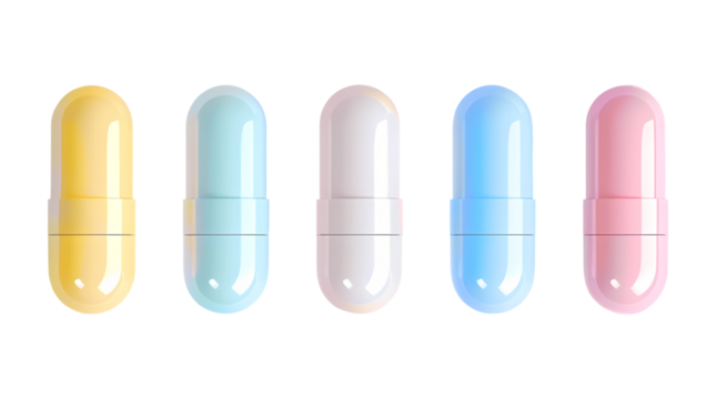 Assorted colorful medical painkiller pills in a row on transparent background. Concept for pharmaceutical design and health care.