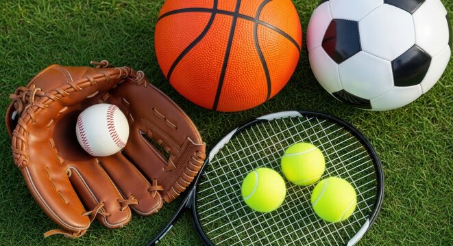 Collection of Outdoor Sports Equipment Arranged on Green Grass Field
