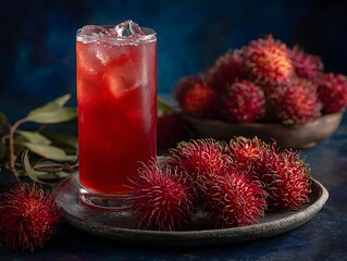 Chilled red beverage with ice alongside vibrant rambutan fruit on textured plates against a dark backdrop
