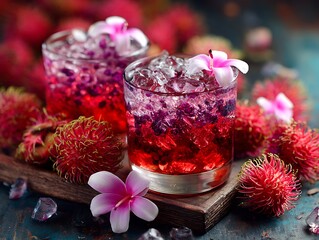 Two fruit drinks with ice, garnished with flowers, on a wooden board surrounded by rambutans