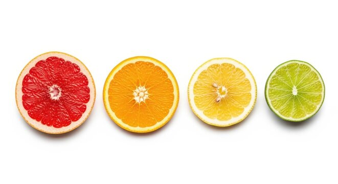 Photo of a line of colorful citrus fruit slices including grapefruit, orange, lemon, and lime, isolated on white - Powered by Adobe