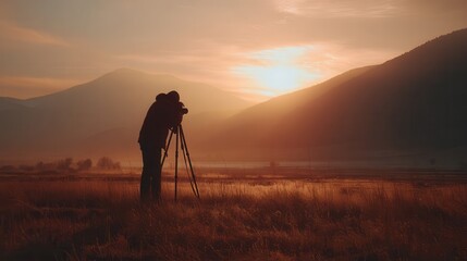 Naklejka premium Silhouette of photographer at sunrise over a field.