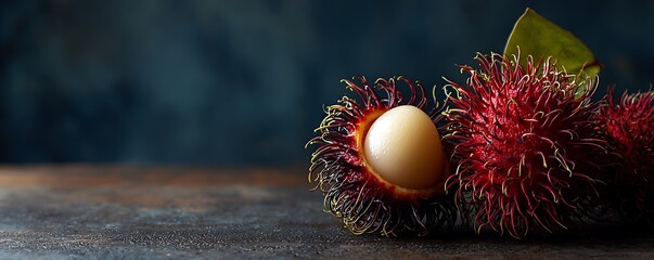 Rambutan still life features spiky fruits, peeled with exposed white pulp
