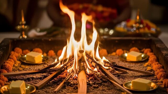 Sacred wedding fire burning inside traditional Indian havan kund altar