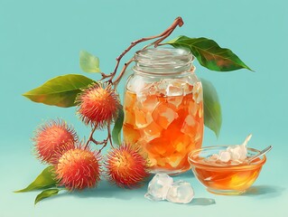 Rambutan drink Glass jar with iced tea next to lychee fruit on light blue background