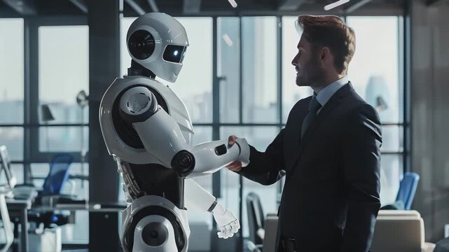 ロボットと握手するビジネスマン