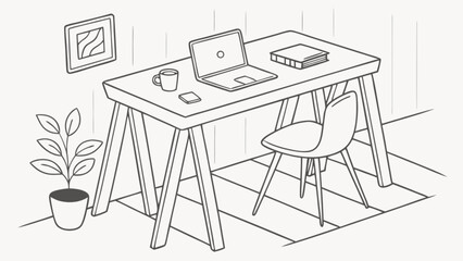 Home office setup with laptop, desk, chair, plant and book for remote work productivity and study area design