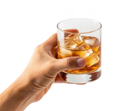 Hand holding a glass of whiskey on the rock isolated on a transparent background 