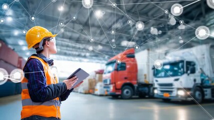 Warehouse worker using a tablet in a logistics center. - Powered by Adobe