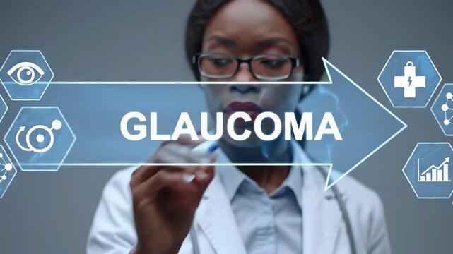 African American Woman Doctor in White Coat Pointing at Glaucoma on Transparent Screen with Medical Icons Against a Gray Background