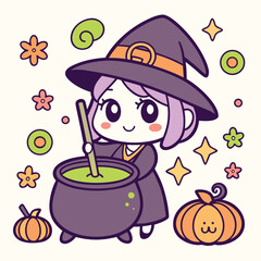 Adorable Little Witch Brewing a Spooky Halloween Potion in a Cauldron Surrounded by Festive Decorations