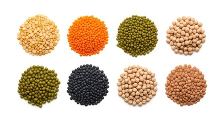 Photo of a collection of eight different types of lentils and beans isolated on white background