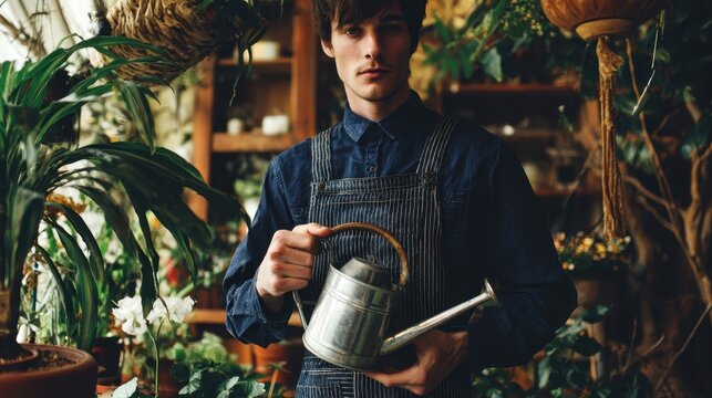 Man holding a watering can in a greenhouse full of plants.