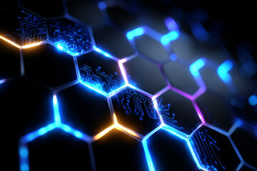 Fototapeta premium A glowing hexagonal grid with embedded circuitry in electric blue and violet, evoking a futuristic digital network. High-tech abstract wallpaper.