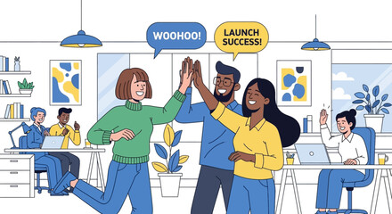 Diverse team celebrates launch success with high five and expressions of joy in a modern office environment, fostering teamwork.