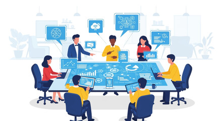 Fototapeta premium Diverse business team collaborates at a tech-enabled meeting table, discussing data analytics and cloud computing strategy.