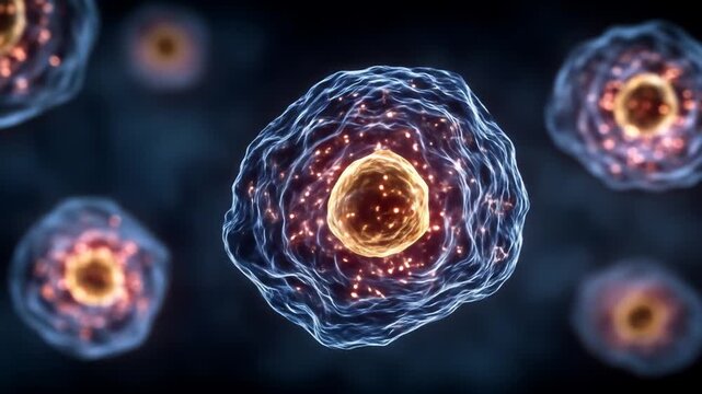Detailed Microscopic View Of Glowing Cells In A Dark Blue Background