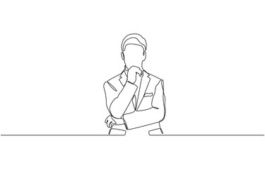 Continuous one line drawing of businessman thinking with his hand on his chin,  Man pose thinking in single line draw illustration, Editable stroke.