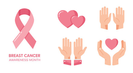 Pink breast cancer awareness ribbon graphic with supporting hands and hearts for solidarity during awareness month.