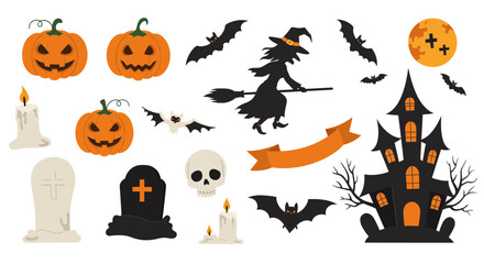 Spooky Halloween graphic features a witch on a broom, pumpkins, bats, graveyard, and a haunted house under a full moon.