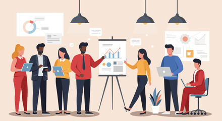 Diverse team discussing business strategy, data charts, and market analysis in a modern office presentation.