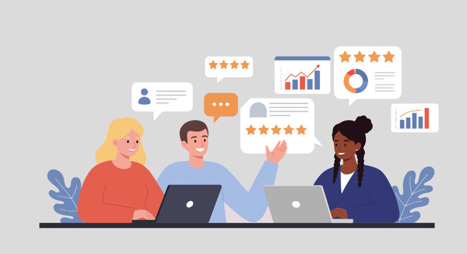 Team of people collaborating with laptops, discussing business data and feedback on customer experience, perfect for corporate designs.