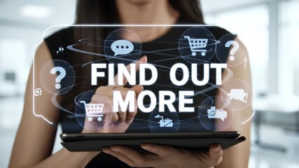 Woman Interacting with Digital Interface on Tablet with Shopping Cart Icons Find Out More Text in a Bright Indoor Environment - Powered by Adobe