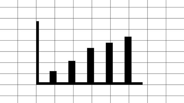 Simple black business graph bar chart with decreasing bars on a white grid background representing data analysis and trends