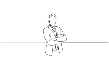 Continuous one line drawing of businessman thinking with his hand on his chin,  Man pose thinking in single line draw illustration, Editable stroke.