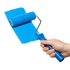 Hand Painting with Blue Roller Brush, Isolated on White or Transparent Background