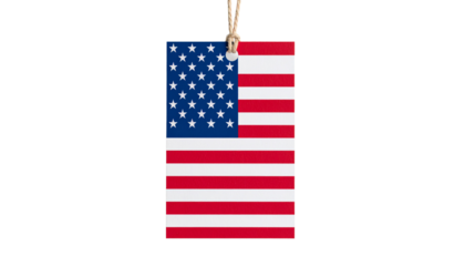 Hanging price tag with full USA flag print, clipped and isolated for patriotic or sale concept.