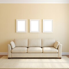 A comfortable and neutral toned living room featuring a plush three seater sofa and three blank white framed pictures on a pale yellow wall creating a minimalist and inviting space
