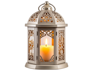 Front View of Decorative Metal Lantern with Cut-Out Patterns and Glowing Candle, Transparent Background
