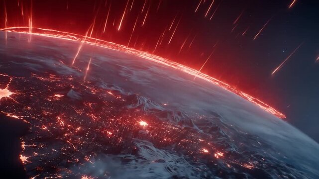 Dramatic View of Earth Under Attack with Red Meteors in Dark Space Showing City Lights on Night Side with a Global Disaster Theme