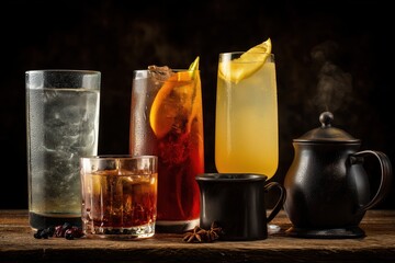 A selection of diverse beverages served against a backdrop of darkness.
