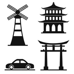 Windmill pagoda torii gate car silhouettes vector