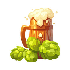 Wooden beer mug with foamy head and fresh green hops, a traditional Oktoberfest symbol on transparent background.