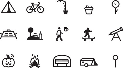 Collection of outdoor activity and recreation icons in black and white